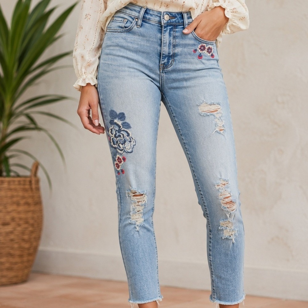 Hollister Ultra High Rise Super Skinny Distressed Floral Embroidered Jeans 0R 24